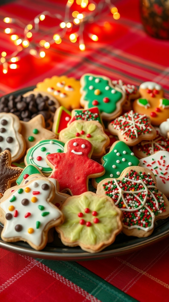 A festive assortment of Christmas cookies on a platter, including chocolate chip and decorated sugar cookies, with holiday decorations in the background.